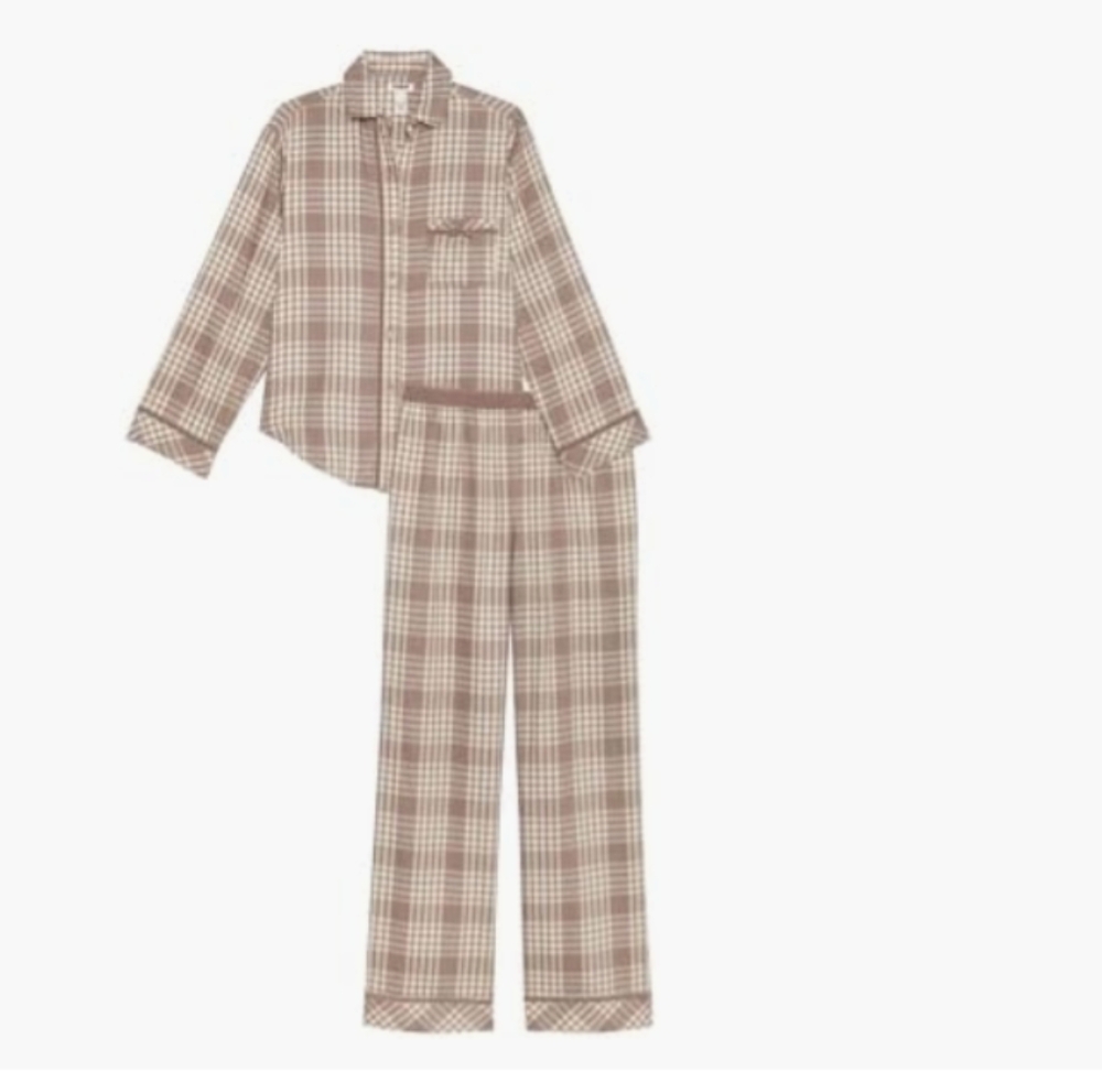 PINK Victoria's Secret Taupe Plaid Flannel Long Pajamas Set L Velvet Trim